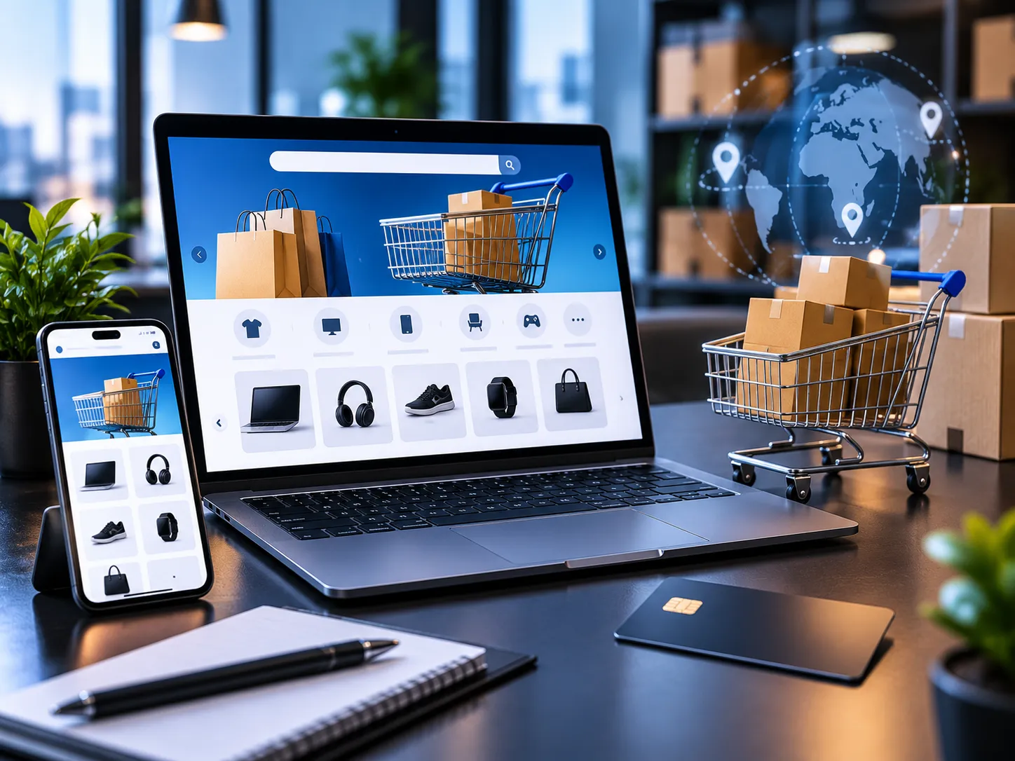 Bilgisayar ve telefon ekranlarında e-ticaret sitesi